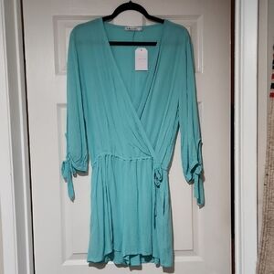 Chic Aqua Wrap Romper with Tie Sleeves